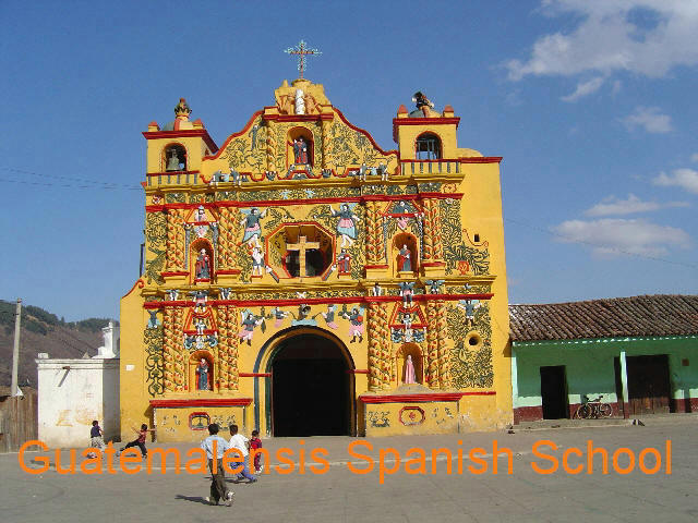 Catholic church of San Andres Xecul, located in Quetzaltenango with its characteristic facade.