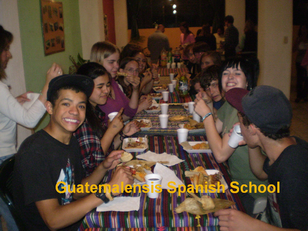 Dinner at Guatemalensis Spanish School with a group of high school students.